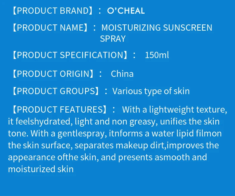 O’cheal Sunscreen Spray – 150ml Moisturizing & Anti-Aging SPF for Face & Body